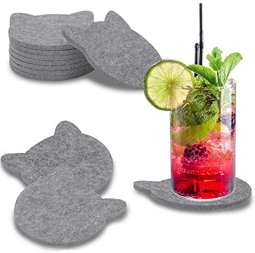 wortek – Dessous de verre en feutre aspect chat – Lot de 8 dessous de verre en feutre pour tasses, verres, gobelets et boissons froides et chaudes – Ø 10 cm lavables (gris clair)