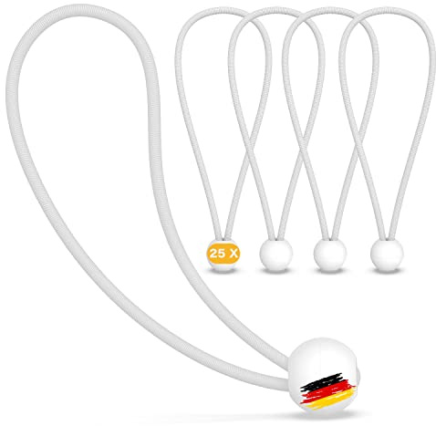 TALVANI 25 | 50 Profi Spanngummis mit Kugel - 200 mm schwarz weiß - Planenspanner Set zur Befestigung von Planen - Gummispanner für Trampolin, Anhängerplane, Zelt - Spanngummi Anhänger (25, Weiß)