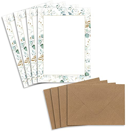 25 Briefpapier-Sets DIN A5 - Naturpapier in Creme mit Rahmen mit Eukalyptus-Zweigen - mit Briefumschlägen DIN C6 in Sandbraun Briefbogen bedruckbar ideal für Hochzeitseinladungen