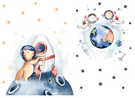 WallArena - Vlies Fototapete Kinderzimmer Rakete im Weltraum 368x254 cm - Fototapeten - Fototapeten Tapeten für Kinder Kindertapete - Vliestapete Wandtapete Tapete 3D Effekt - Astronauten
