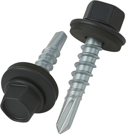 Tornillos para Techo 4.8 mm x 25 mm Autoperforantes Cabeza Hexagonal Color (RAL 7024 Gris Grafita) con Arandela EPDM Tornillos Zincados Antióxido Rosca Gruesa para Exterior (50 pcs)