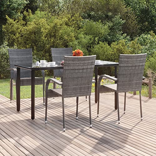 Tidyard 5-TLG. Garten Essgruppe 4 Personen, Biergartengarnitur Polyrattan Sitzgruppe Tisch und Stapelstuhl Terrassenmöbel Gartenmöbel Set Grau