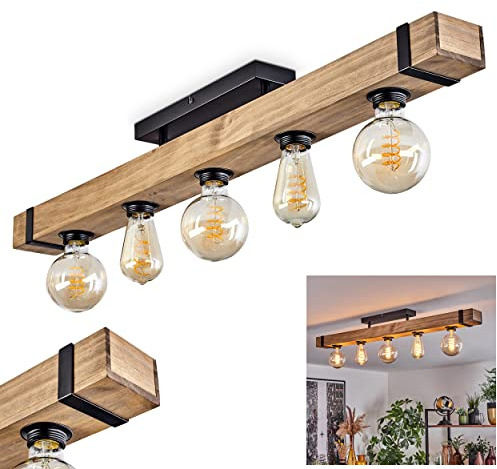 HOFSTEIN Deckenleuchte Montgomery, Deckenlampe aus Holz/Metall in Natur/Schwarz, moderne Leuchte im skandinavischen/Boho/Industrial-Design mit Holzbalken, 5 x E27, Schlafzimmer, Wohnzimmer, Esszimmer