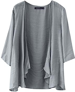 ZANZEA Kimono Damen Strand Leichter Sommer Cardigan 3/4 Arm Kurz Strickjacke Dünne Cover Up Casual Strandponcho B-Grau XXL