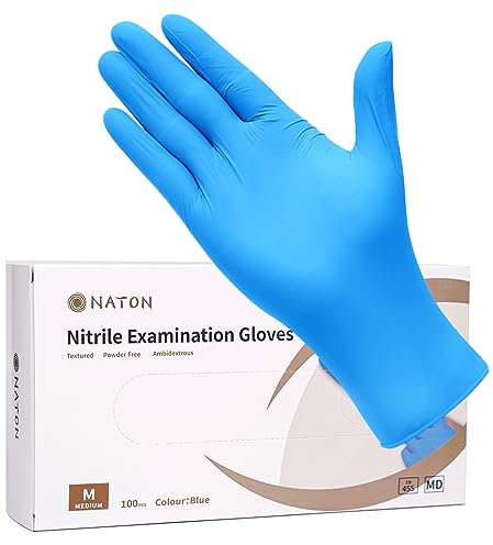 NATON Medium Nitrile Disposable Gloves,Powder Free, Latex Free, Protein Free,Extra Strong, Multi-Purpose Blue Vinyl Gloves - Pack of 100 (M)