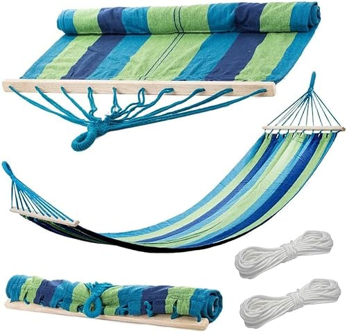 Amaca da giardino Sospesa in tessuto di cotone per giardino interno e all'aperto 200 ((tessuto con barre in legno) x80 Carico massimo: 100 kg Amaca da Campeggio Sospesa per Giardino