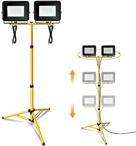 Jiubiaz byggspotlight LED med stativ, 2 x 20 W arbetsstrålkastare 1 700 LM byggstrålkastare 6000 K kall vit, höjdjusterbart stativ och 1 m kabel, IP66 vattentät bygglampa skjul (ingen kontakt)
