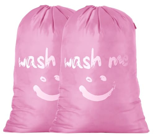 IHOMAGIC 2er Wäschesäcke mit Kordelzug, Reise Schmutzwäsche mit Wash me Wäschesammler Wäschetasche für Reise Wohnungen oder Häuser, Smiley Wäschebehälter Für Steppdecken, Bettlaken 66x96cm, Rosa