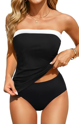 Aqua Eve Bandeau Swimsuits for Women Two Piece Bathing Suits Ruched Tummy Control Tankini Sets Strapless Swimwear, Black and White Block, Medium