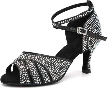 SWDZM Chaussures de Danse Latine Femme Strass Bout Ouvert Talon Haut de Salon Bachata Salsa,Noir,Talon 7.5cm,Semelle en Daim,EU 37