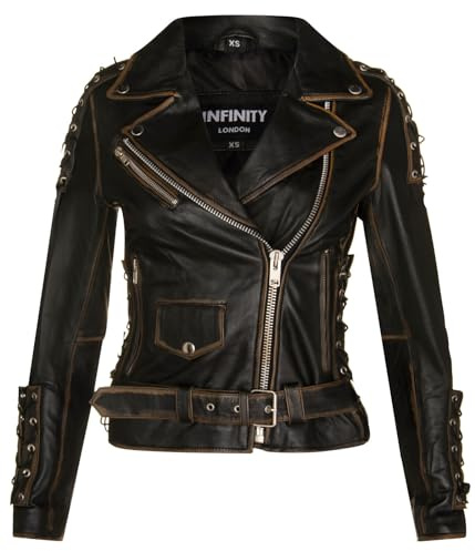 Infinity Leather Mujer negro Cuero Motero Brando Chaqueta de moto