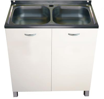 MABEL Mueble bajo fregadero de cocina blanco organizador de madera ennoblecida con fregadero de apoyo de acero 2 senos – L 80 cm x P 50 cm x H 83,5 cm