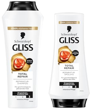 Gliss Shampoo Total Repair (250 ml) Haarshampoo mit flüssigem Keratin & Blüten-Nektar, Pflegeshampoo & Spülung Total Repair (200 ml) Haarspülung Pflegespülung 90% weniger Haarbruch