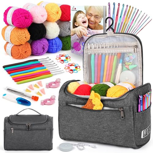 Aeelike Grau Häkelset mit Häkelwolle, Tragbar Häkeln für Anfänger Erwachsene Profis, 2,0-10mm Ergonomische Farbige Häkelnadeln, Bunte Aluminium Häkelnadel Set, Häkelzubehör, Anleitung