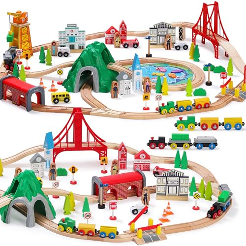 SainSmart Jr. Juego de Tren de Madera de 112 Piezas para niños pequeños, vías de Tren de Doble Cara, Compatible con Brio, Thomas, Melissa y Doug, Juguete de Madera niños y niñas
