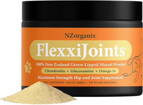 KiwiOrganix NZorganix FlexxiJoints 100% New Zealand Green-Lipped Mussel Powder, Hip & Joint Support Formula for Dogs & Cats, with Glucosamine, Chondroitin 200g (600 Servings)
