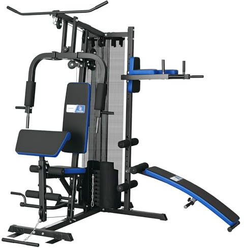 SPORTNOW Station de Musculation avec Pile de Poids de 65 kg, Équipement de Gym à Domicile avec Banc pour Abdominaux, Support pour Pompes, Station de Dips, Réglable, pour Entraînement Complet du Corps