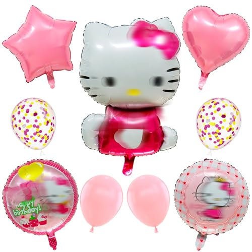 Luftballons Geburtstag, 9 Stück Kit-ty Geburtstagsdeko Set in Pink mit Folienballons, Cartoon Katze Party Deko für Mädchen Theme Kindergeburtstag