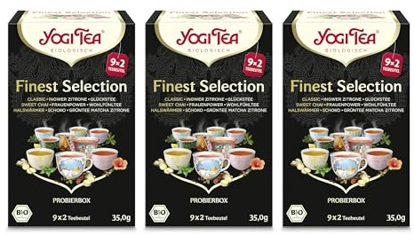 Yogi Tea Finest Selection, 3er Pack (54 Teebeutel) | 9 Teesorten, Classic, Ingwer-Zitrone, Glückstee, Sweet Chai, Frauen Power, Wohlfühl Tee, Halswärmer, Schoko, Matcha Zitrone