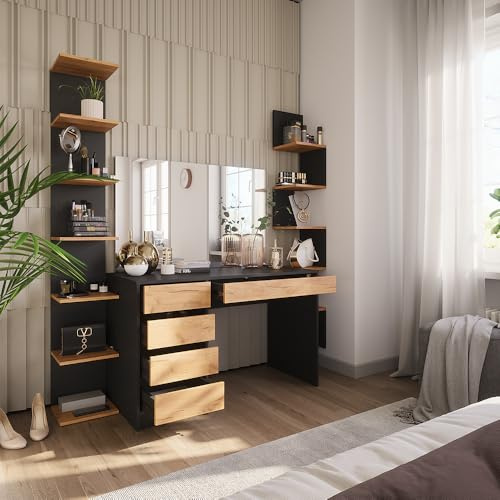 Vicco Tavolo da toilette Sherry, Antracite/Rovere dorato, 120 x 75 cm | con specchio, con specchio rettangolare per uso quotidiano