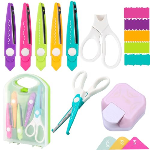 7-teiliges Bastelscheren-Set, 3-in-1-Eckenrunder, Papierstanzer, dekorative Papierkantenschere mit Aufbewahrungsbox, 5 Arten, Zickzack-Kanten, Scheren für DIY-Projekte, Papierkarten, Fotos, Karten und