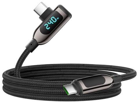 VisionSync Cable USB C a USB C de 240W en Ángulo Recto, 4ft, Negro | Cable carga rápida Type C nailon trenzado pantalla LED para iPhone 17/16 Pro Max, Samsung S26/S25 Ultra, MacBook, iPad