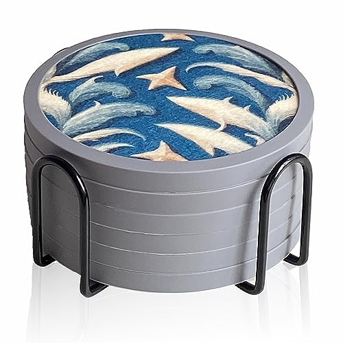 Absorbent Coasters for Drinks with Holder - 6packs, Silicone Coasters with Soft Felt Insert, Dual-sided Ocean-themed Patterns