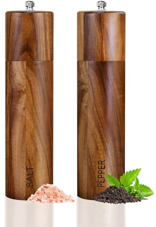 XWXO 2 Pack Acacia Wooden Salt and Pepper Grinder Set 8 Inches Refillable Salt and Pepper Mills Adjustable Coarseness, Acacia Wood with Ceramic Core Peppercorn Shaker Tableware Birthday Gifts