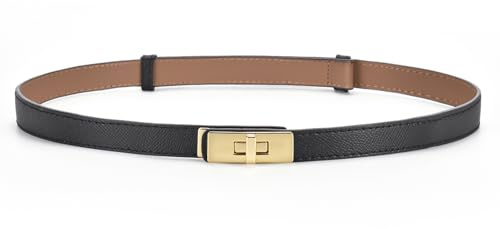 HATOFES Kvinnor damer justerbar smal läderbälte solid legering vändlås smal tunn midjebälte midjeband dekorativt bälte för klänningar jeansbyxor, Svart/guld, one size