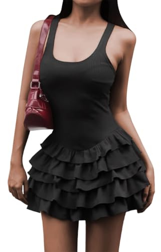 Vestido con Tirantes Mujer Sexy Cortos Vestidos Verano Cuello Cuadrado Minivestido Ajustado Vestido con Volante Dobladillo Confort Vestidos sin Espalda para Fiesta Noche Coctel Club