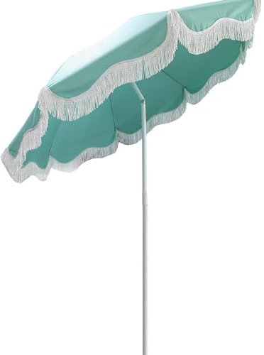 DYPJHEO Grand parasol de voyage inclinable et pliable, pare-soleil, imperméable et anti-UV, avec pompon, auvent bleu-vert pour camping, jardin, plage, fête, 200cm