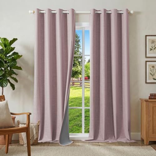 Runyéla 100% Verdunklungsvorhänge Leinen Gardinen mit Ösen 2er Set, Thermovorhang Hitzeschutz H 245 x B 140, Leinenoptik Vorhänge Blickdicht Rosa Schallschutz für Schlafzimmer Wohnzimmer