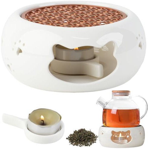 Lvjkes Calentador de Tetera Porcelana, Calientaplatos para Tetera con Bandeja para Velas, Diseño Calado con Forma de Gato, Antideslizante y Resistente al Calor, Apto para café, té y Leche
