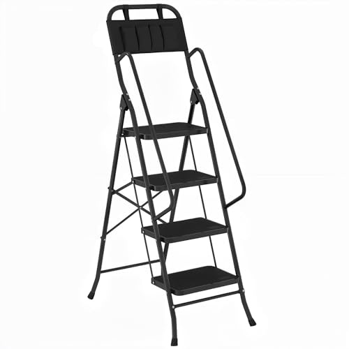 HOMCOM Escalera Plegable de 4 Peldaños con Bolsa de Herramientas, Escalera de Tijera, Carga 150 kg, con Peldaños Anchos Antideslizantes, Bloqueo de Seguridad, Apoyabrazos, Negro