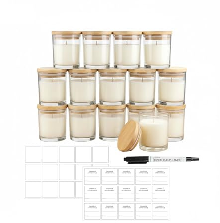 Wintem - Vasetti Vetro Piccoli per Candele Set 15 Barattoli 170 ml con Coperchio bambù, Etichette e Penna Inclusa per Kit Candele Fai da Te, Porta Candele Personalizzabili e Bomboniere Eleganti