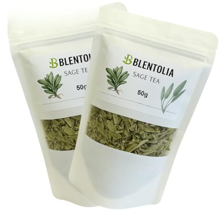 Blentolia Sage Tea – 100% Natural Dried Sage Leaves – Herbal Wellness Tea for Relaxation, Digestion & Immune Support – 50g Resealable Pouch (2 Pack)