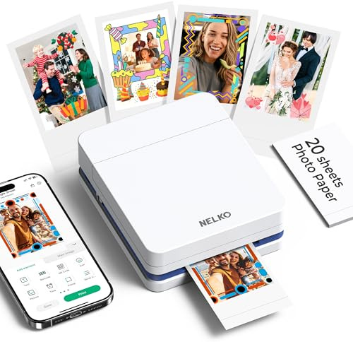 Nelko PP01 Stampante Fotografica Portatile, Mini Stampante a Colori per Stampa Foto dal Cellulare, Stampante Istantanea con 20 Carte per Foto Adesive, App di Modifica, Compatibile iOS/Android, Bianco