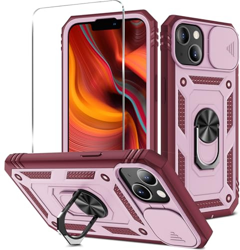 HAONANDE Custodia per Apple iPhone 13 Pro con 1 Vetri Temperati, Cover Antiurto Grado Militare 360° con Copriobiettivo Scorrevole e Anello Magnetico per Supporto Auto Rosso rosa