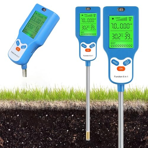 Misuratore di Terreno, 6-in-1Tester Digitale per Terreno con Regolazione Dell'angolo ad 90° + Ampio Schermo LCD Retroilluminato + Sonda Ad Alta Sensibilità, per Giardini in Vaso e Orticoltura