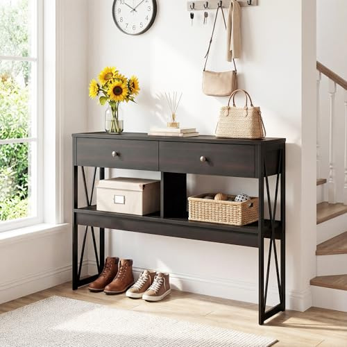 Manora Schmaler Konsolentisch Schwarz,Beistelltisch Hoch,Sofatisch,Flurtisch hinter Sofa,Konsolentisch mit Schubladen und Ablage für Flur，Wohnzimmer, Modern(Bräunlich-schwarz)