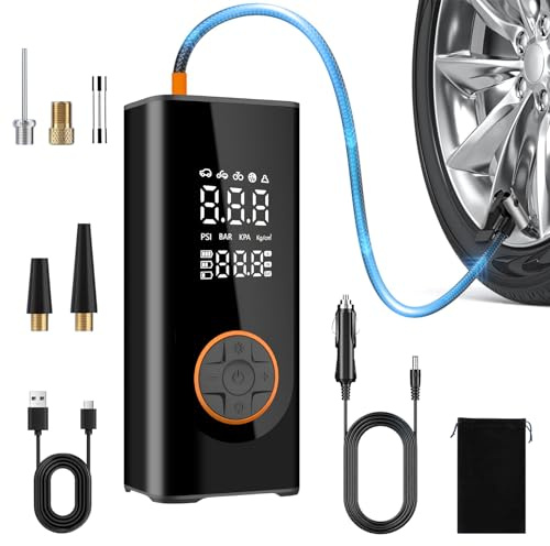 Portable Tyre Pump for Car, Cordless Car Tyre Inflator Air Compressor, Electric Mini Bike Pump with Digital Pressure Gauge 150PSI, Dual Value Display, LED Light, Bike, Motorbike, Ball