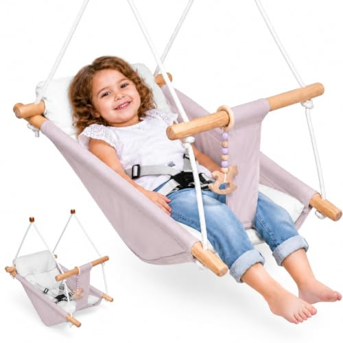 Columpio para Bebé Interior 3 en 1, Columpio Colgante de Madera con Cinturón de Seguridad y Cojín de Algodón, Columpio de Hamaca para Bebé Ajustable, Columpio para Niños para Exterior, 6-36 Meses