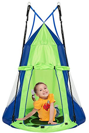 DREAMADE Nestschaukel mit Zelt, Hängezelt Höhenverstellbar Gartenschaukel, Schaukelnest Hängenest mit Tür Fenster, Tellerschaukel max.Tragfähigkeit 150kg, für Baum Garten Kinderzimmer (grün&blau)