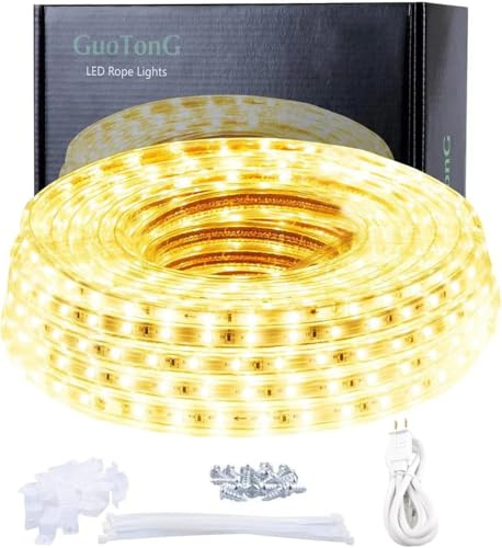 GUOTONG 110V 2 Wire Warm White Led Strip Lights Outdoor 50ft 3000K Led Rope Lights Indoor Waterproof Flexible Cuttable Connectable with UL Listed Power Supply for Home Bedroom Garden Decoration