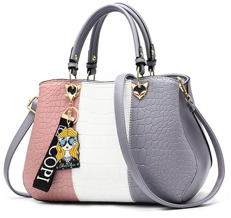 DIRRONA Damen Handtasche – PU Leder Handtasche mit Farbblock-Design und elegantem Anhänger, stilvolle Schultertasche & Umhängetasche – perfekt für Arbeit, Reisen und Freizeit Anmutiges Flieder-Grau