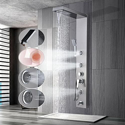 Wieoc Brushed Nickel Shower Panel Tower Massage Body Jets System rain Proof and Waterfall Mixer