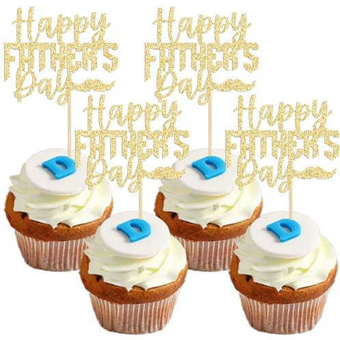 24Pcs Gold Glitter Father's Day Cupcake Toppers Happy Father's Day Best Dad Cake Toppers Birthday Party Super Dad Cake Decorations Toppers Picks for Father's Birthday Party Supply