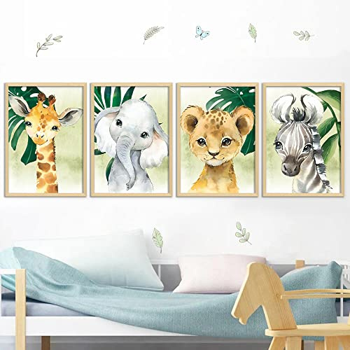 4 Posters Baby Art Wanddekoration Bilder Kinderzimmer Babyzimmer Dekoration Kunstdrucke Safari Zebra Giraffe Elefant Löwe Pflanzen Leinwand 21 x 30 cm ohne Rahmen