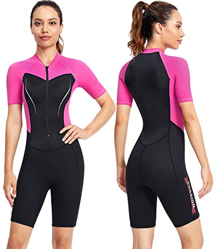 PRELGOSP Neoprenanzug Herren Damen Kurz Frontreißverschluss Neopren Badeanzug, Ultra-Stretch Kurzärmeliger Nassanzüge für Schnorcheln, Tauchen, Schwimmen, Surfen,Women pink,XL