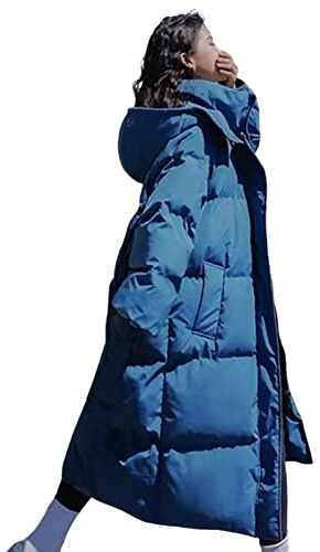 SHINROAD Doudoune longue pour femme d'hiver veste zippée à capuche midi longueur cardigan chaud rembourré manteau d'hiver en plein air, bleu, XXXL